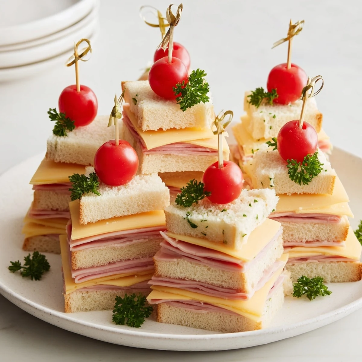 Festive Ham and Cheese Christmas Tree Towers, layered with savory ham, cheese, and fresh herb butter, ready to serve.