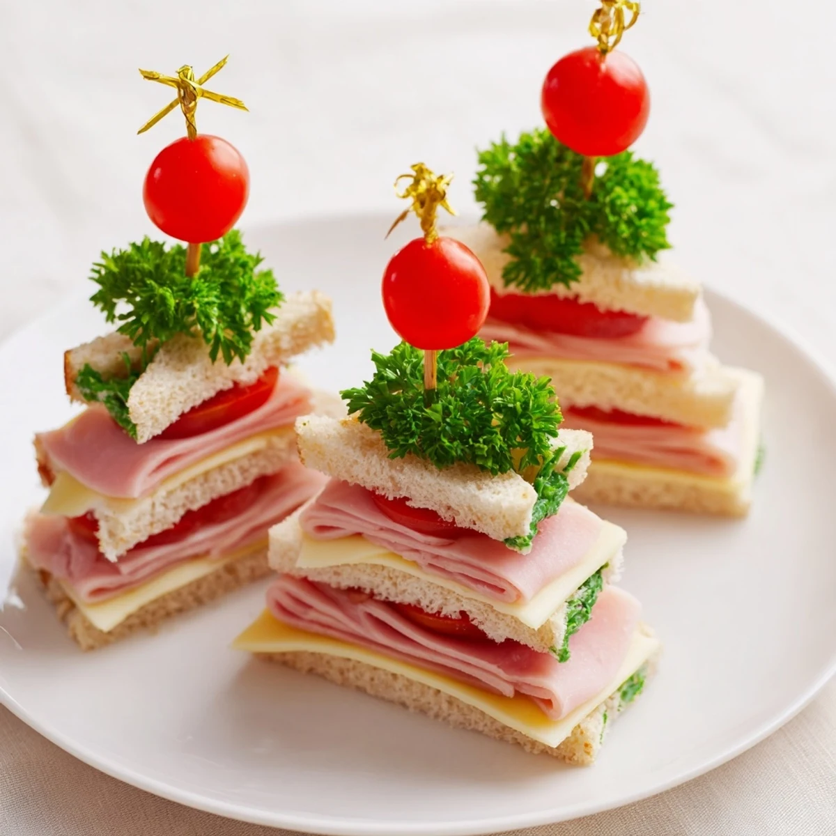 Mini Sandwiches: Ham and Cheese Christmas Tree Towers, cut into adorable shapes, perfect for a holiday appetizer plate.