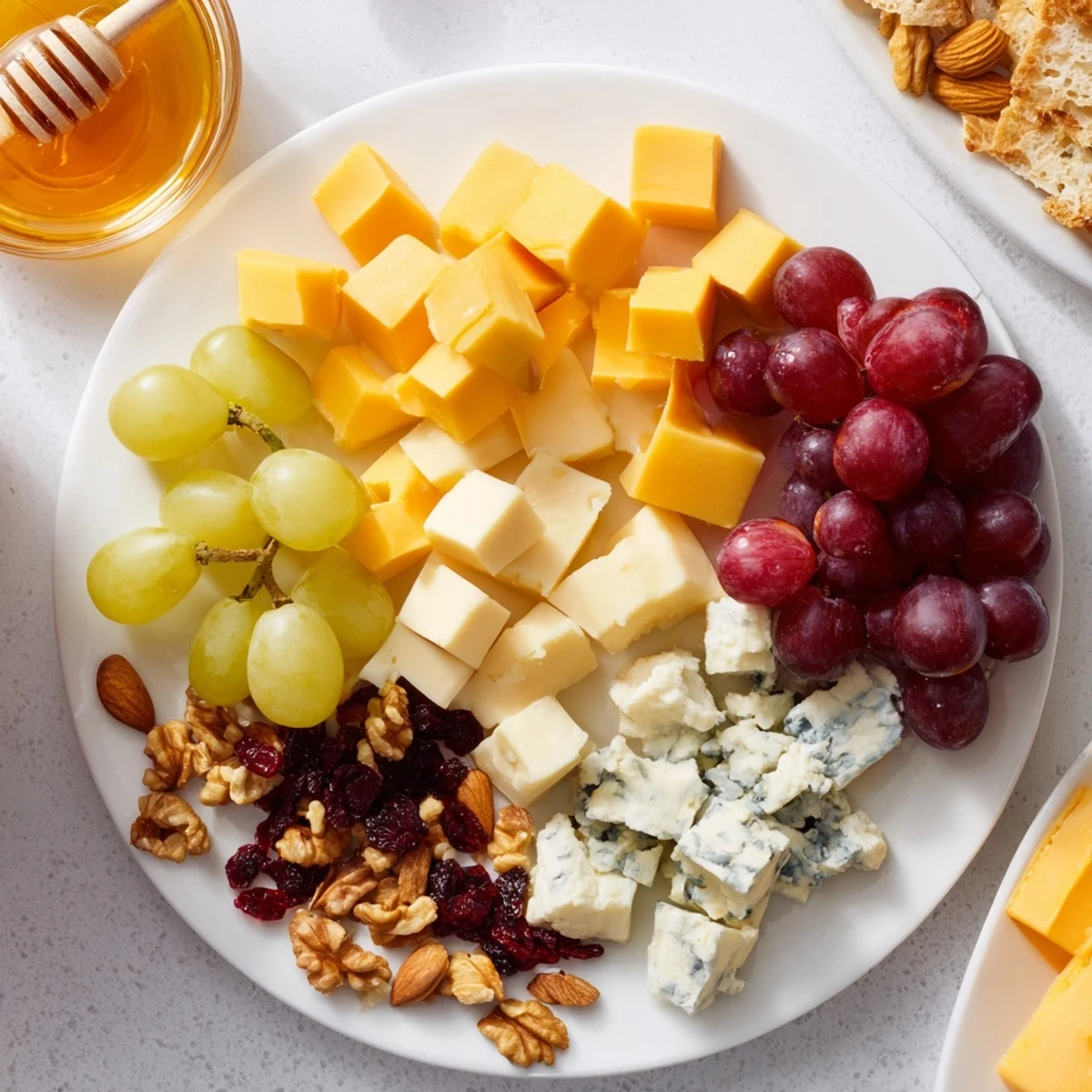 Vibrant Cranberry Grape Man Cheese Board: a gourmet cheese and fruit appetizer with assorted crackers.