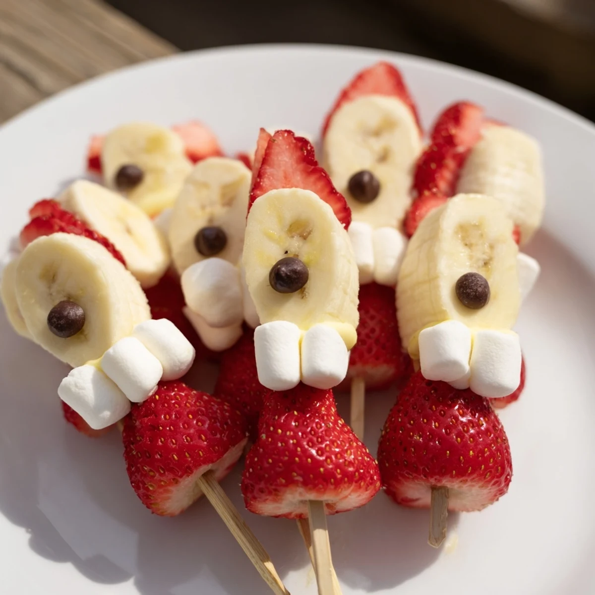 Vibrant Banana Strawberry Santa Skewers, easy to assemble, featuring banana, strawberry, chocolate, and marshmallows.
