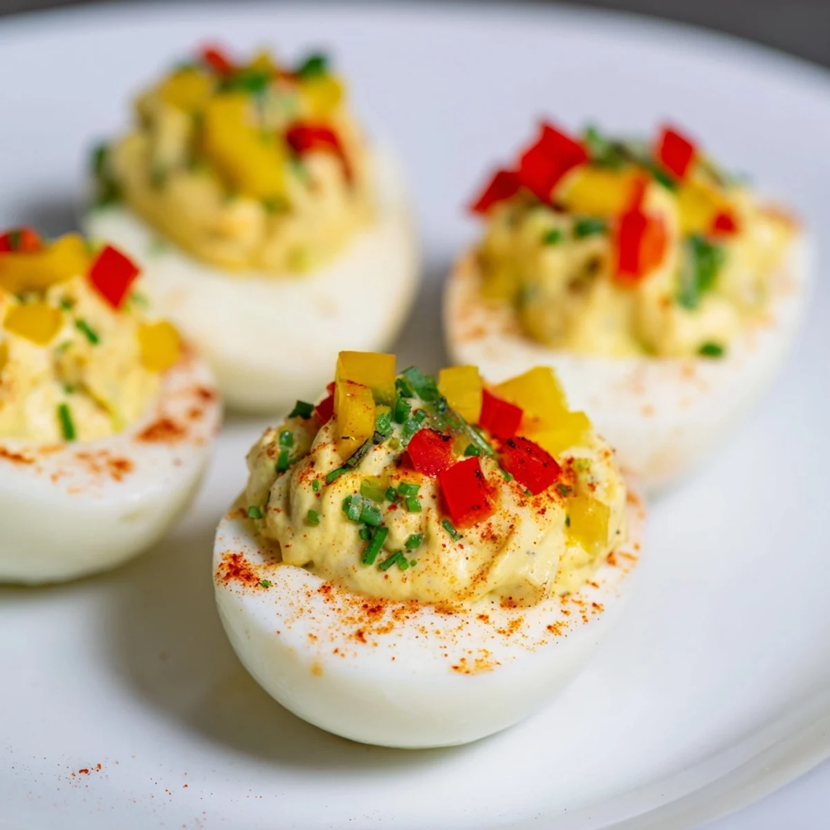 Plump deviled eggs arranged to resemble a Christmas tree, perfect for a gluten-free holiday treat.