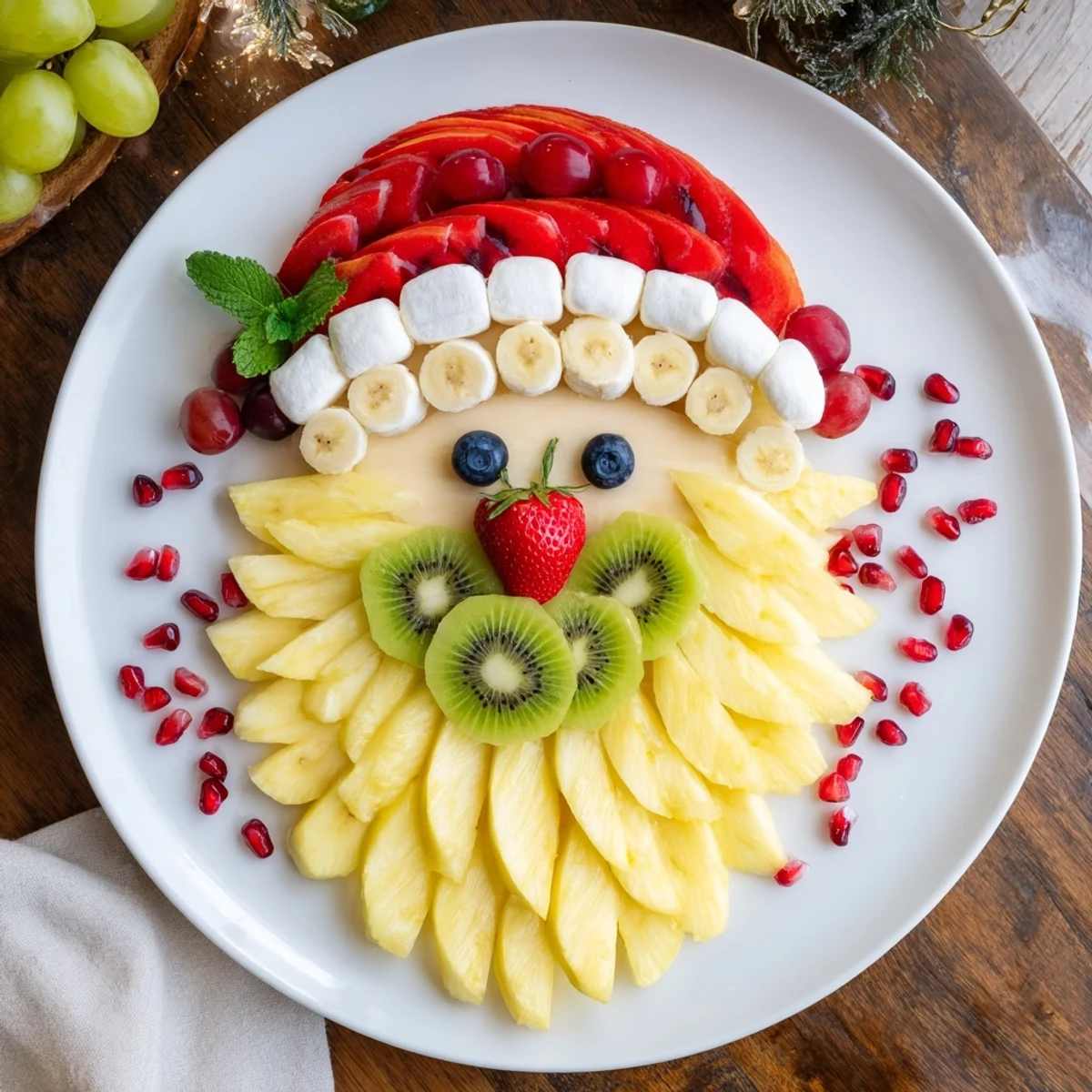 Santa Fruit Platter featuring a whimsical pineapple beard and colorful fresh fruit, perfect for Christmas.