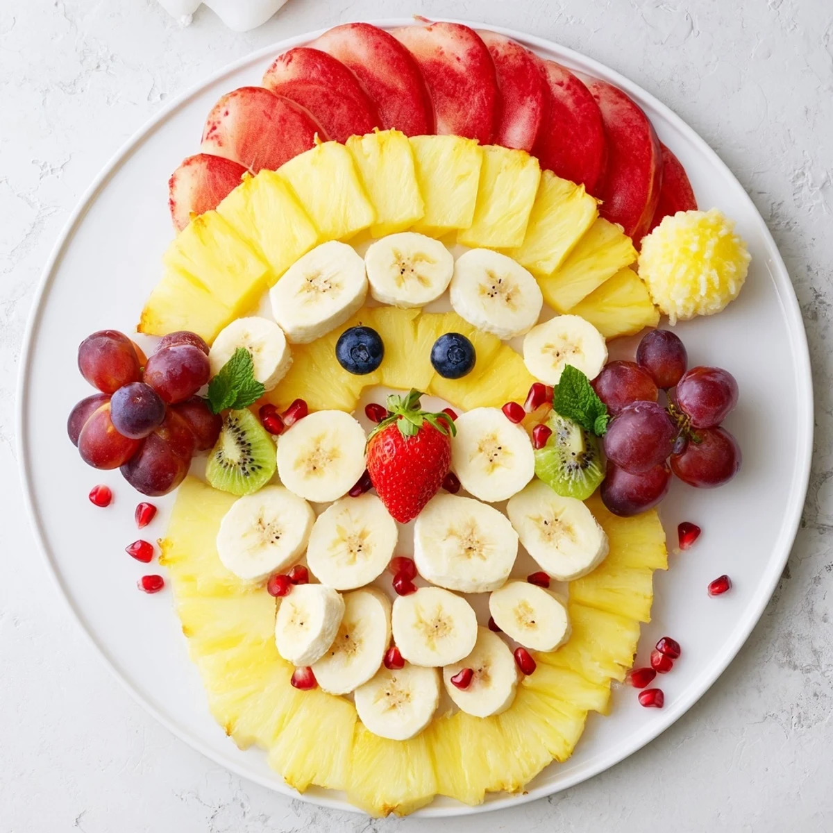 Imagine this Santa Fruit Platter: pineapple beard, fresh fruit eyes, and colorful grapes, ready to serve.