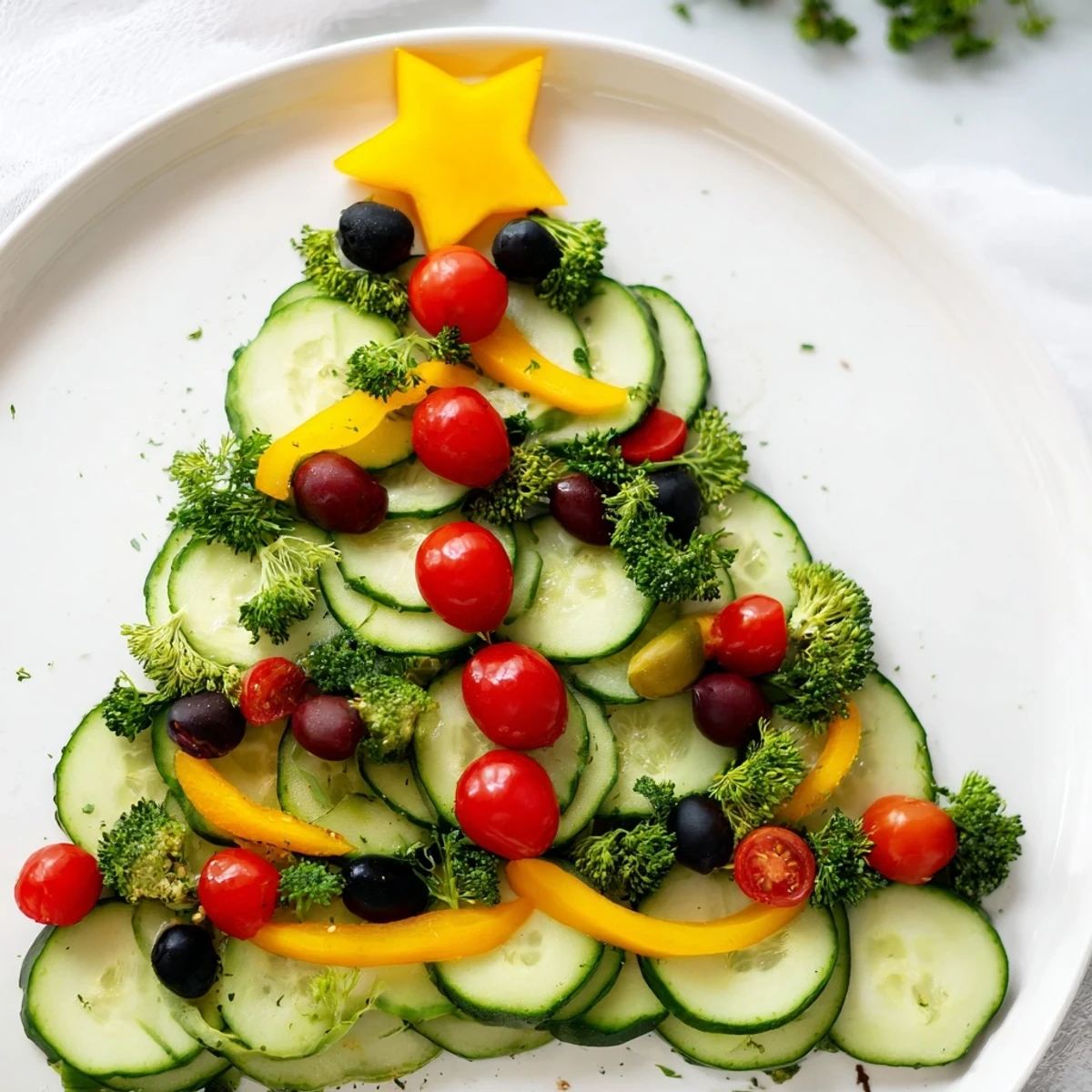 Festive Tree Cucumber Tomato Platter with vibrant tomatoes and olives, ready to serve as a festive appetizer.