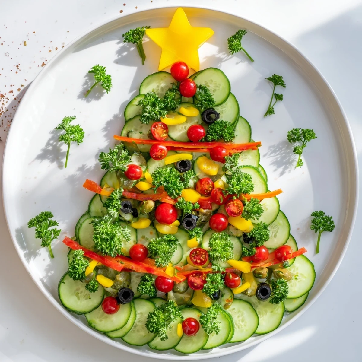 This Christmas tree-shaped Festive Tree Cucumber Tomato Platter features a star pepper topper and fresh parsley.