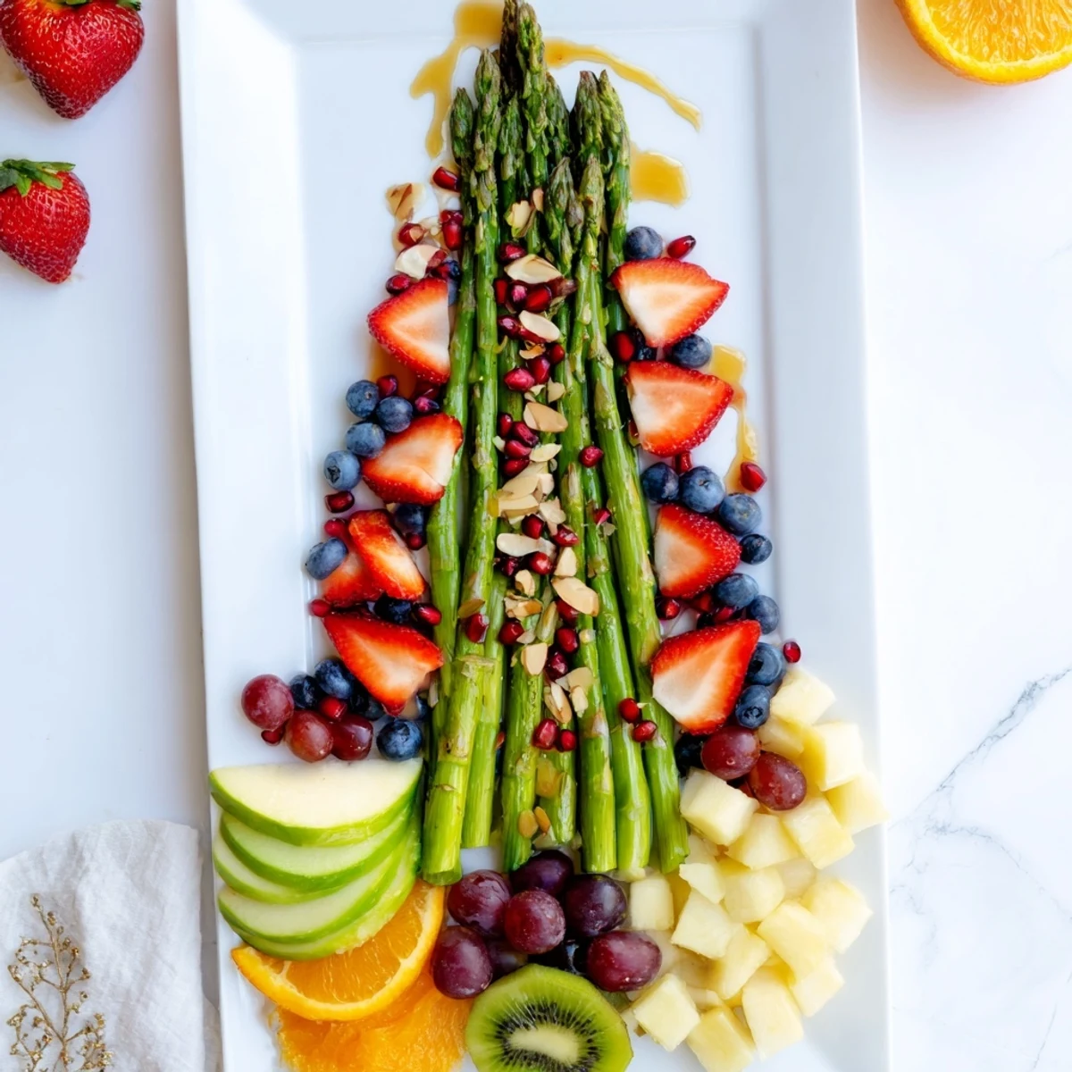 Fresh asparagus stems artfully arranged with colorful fruits make up this stunning Floral Fruit Board.