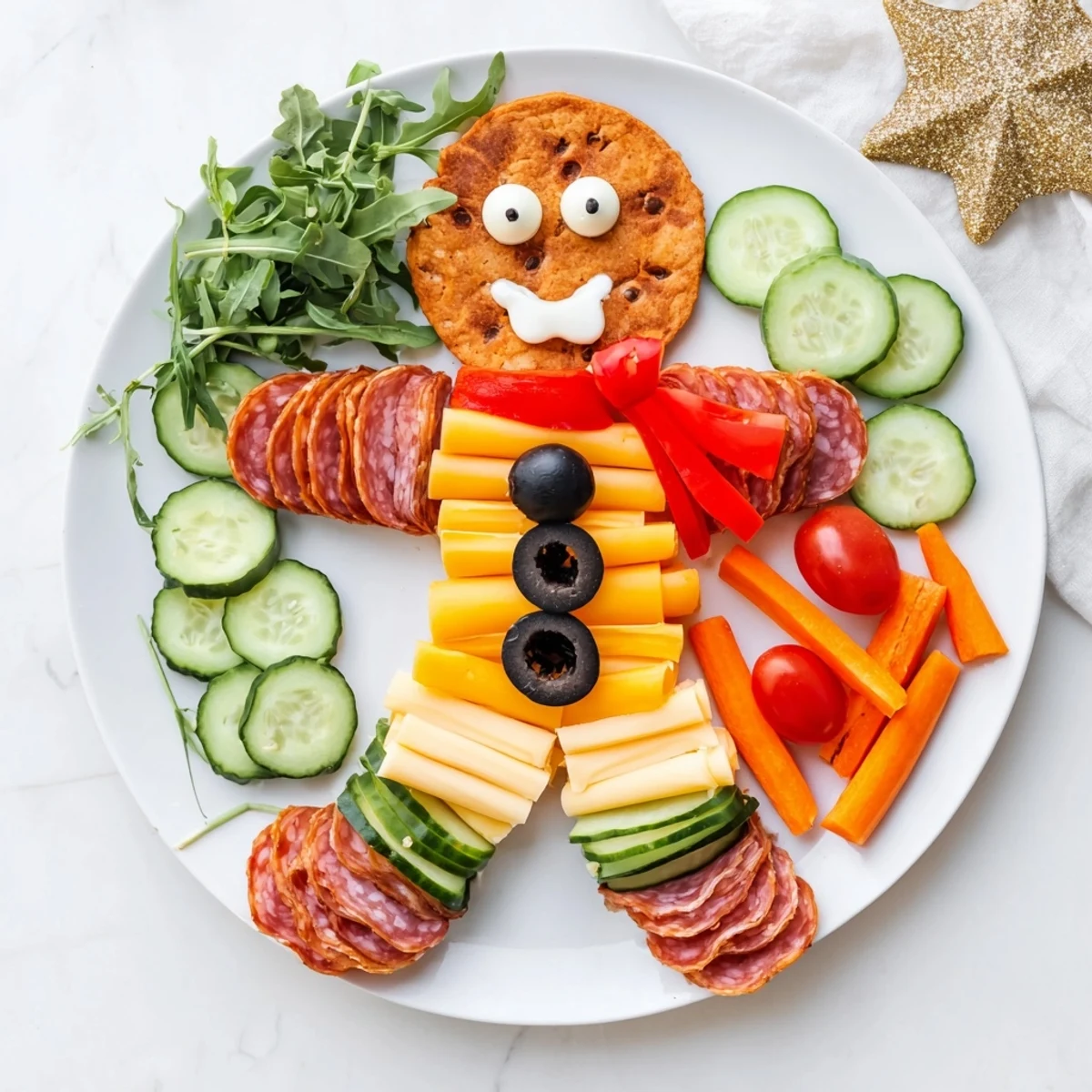 This delightful Gingerbread Man Charcuterie arrangement showcases prosciutto, salami, and cheddar, alongside fresh vegetables.