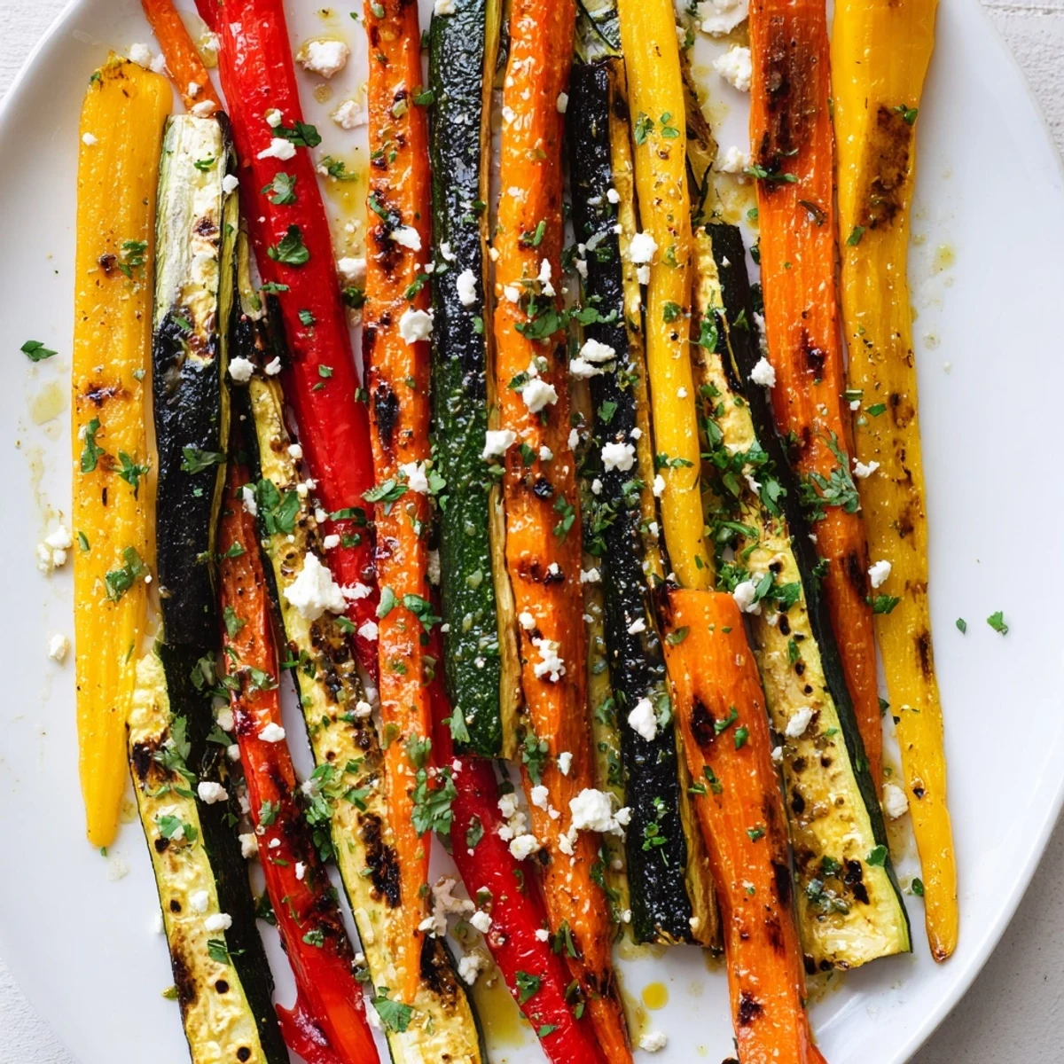 Roasted Christmas Sleigh Veggie Rails, a colorful holiday appetizer, ready for serving with feta cheese.