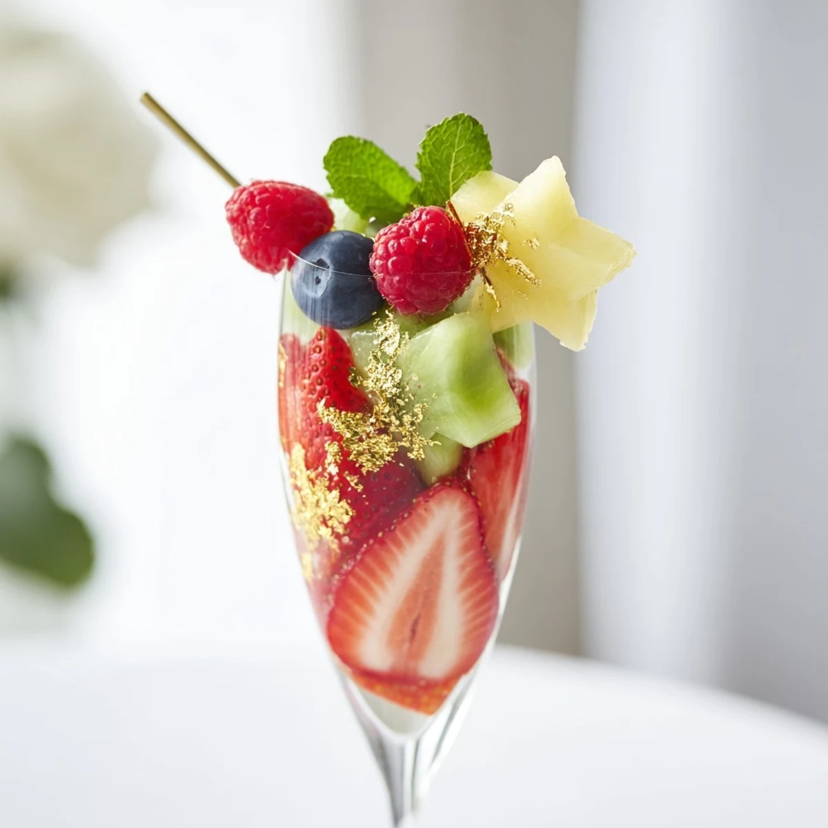 Champagne flute fruit garnishes featuring bright red strawberries, kiwi, and pineapple are ready to serve.