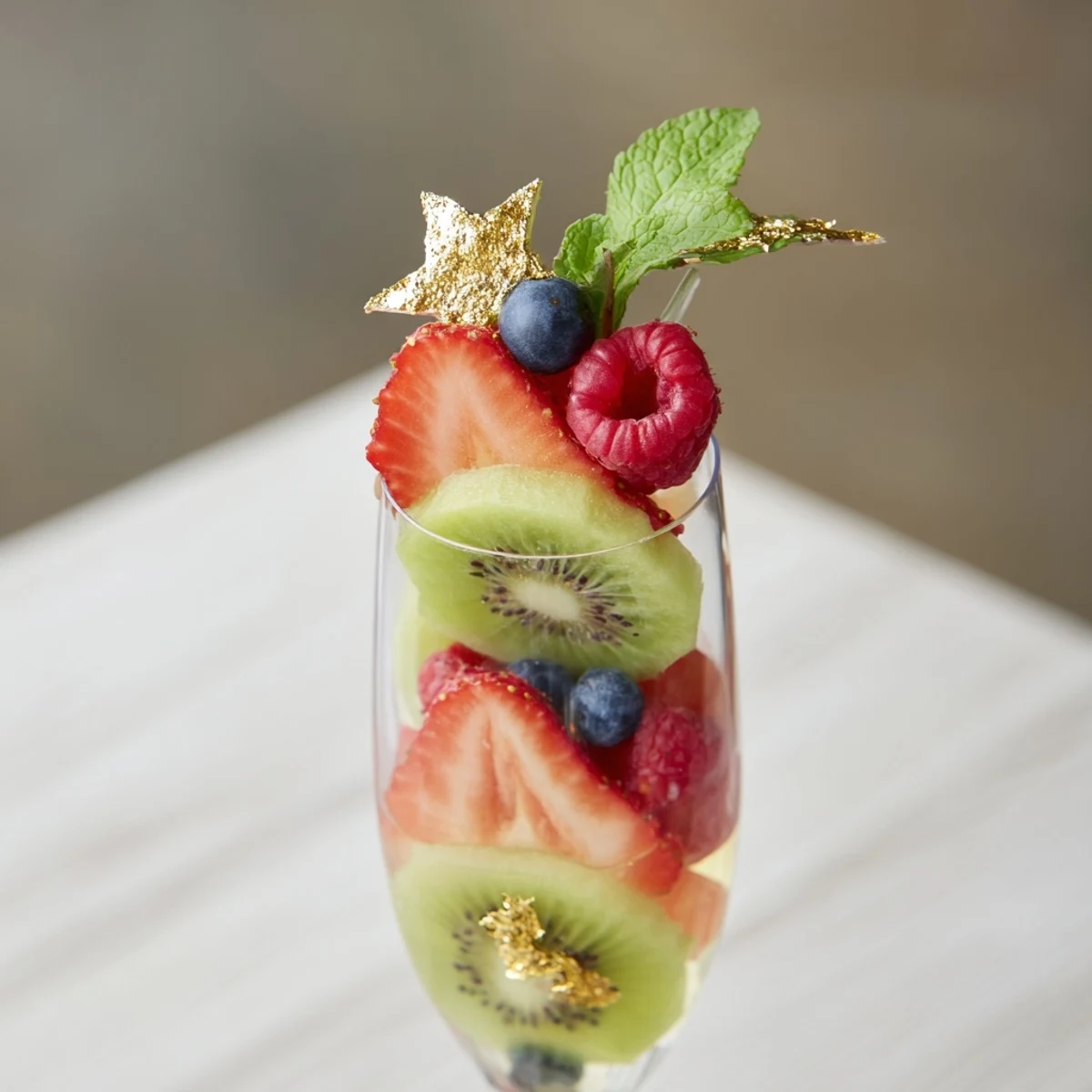 Festive champagne flute fruit garnishes include vibrant raspberries and blueberries, perfect for New Year's celebrations.