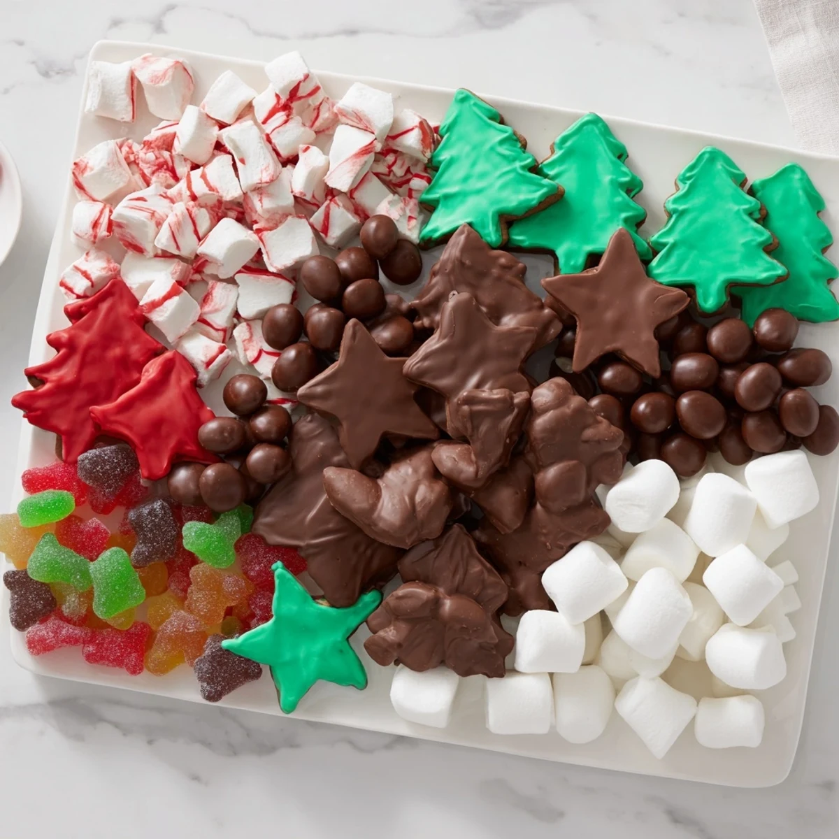 A beautiful Santa's Sack Candy Avalanche showcases colorful chocolates, cookies, and holiday treats spilling from a sack.