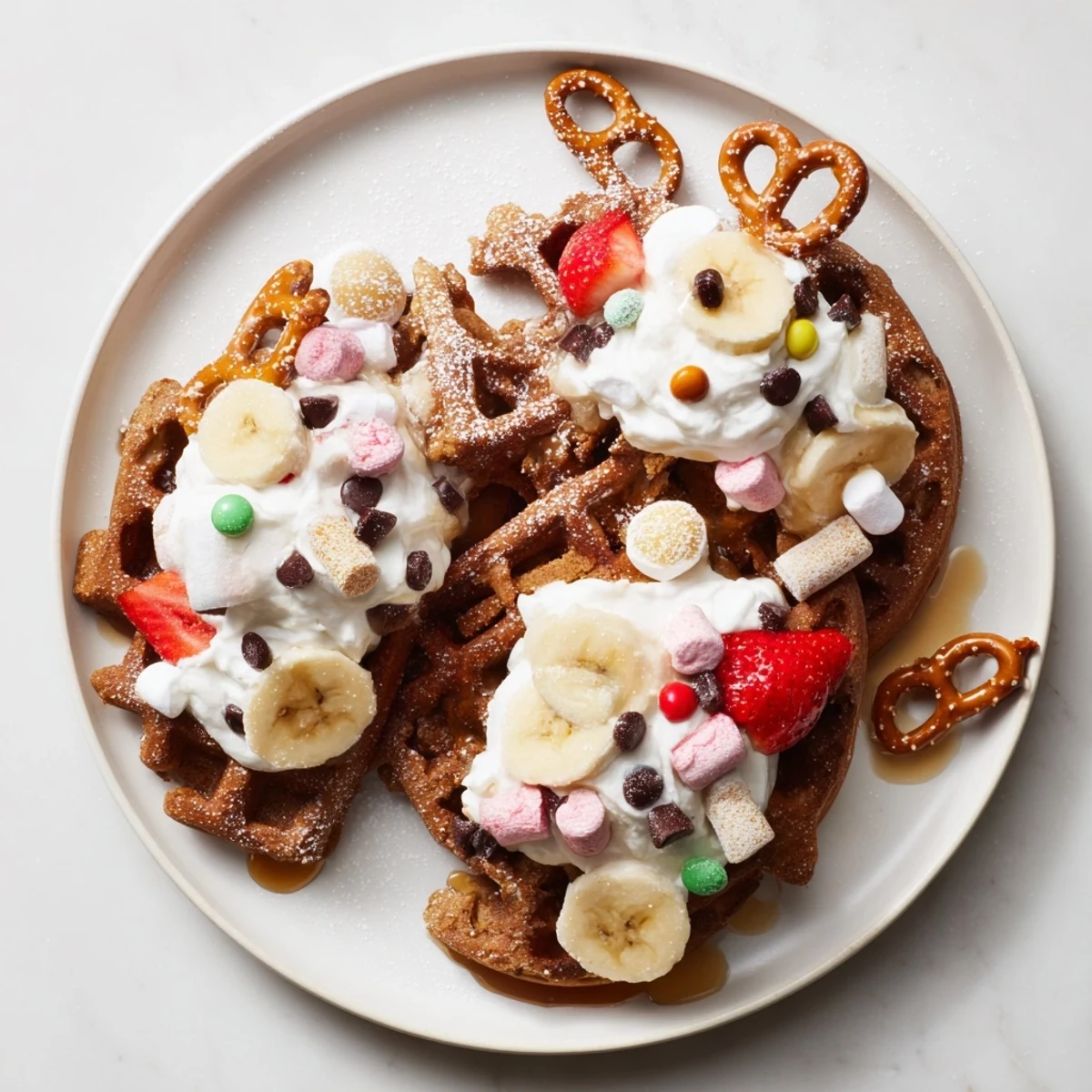 Golden-brown gingerbread house waffles on a festive breakfast table, ready for sweet holiday toppings.