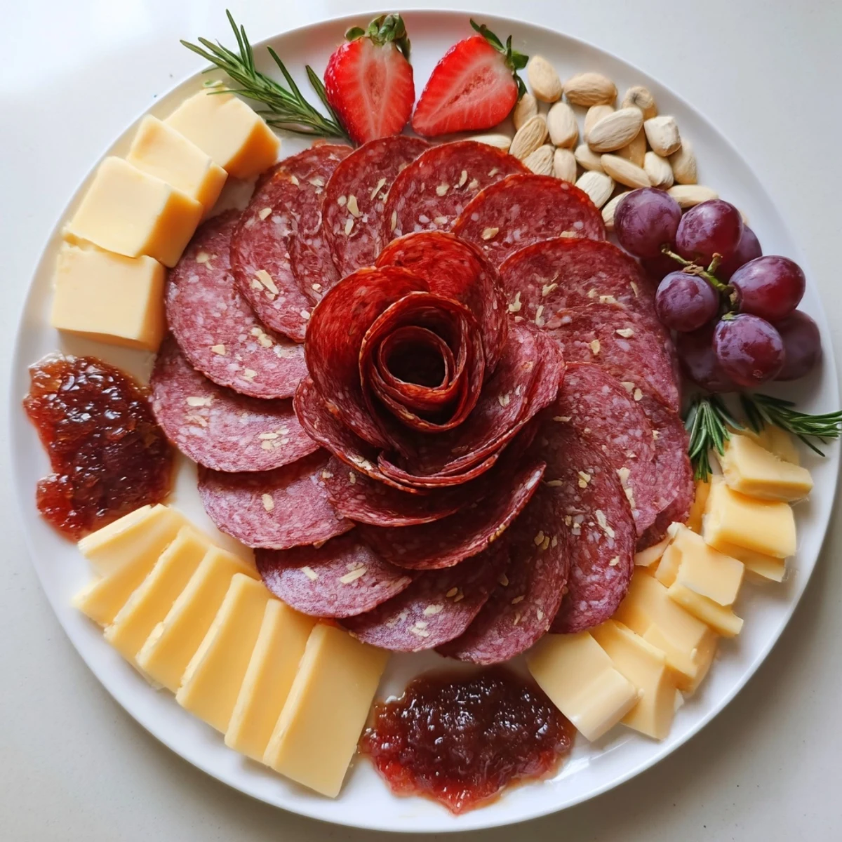 Attractive single serving of Easy Charcuterie, featuring a salami rose and various cheeses and fruit.