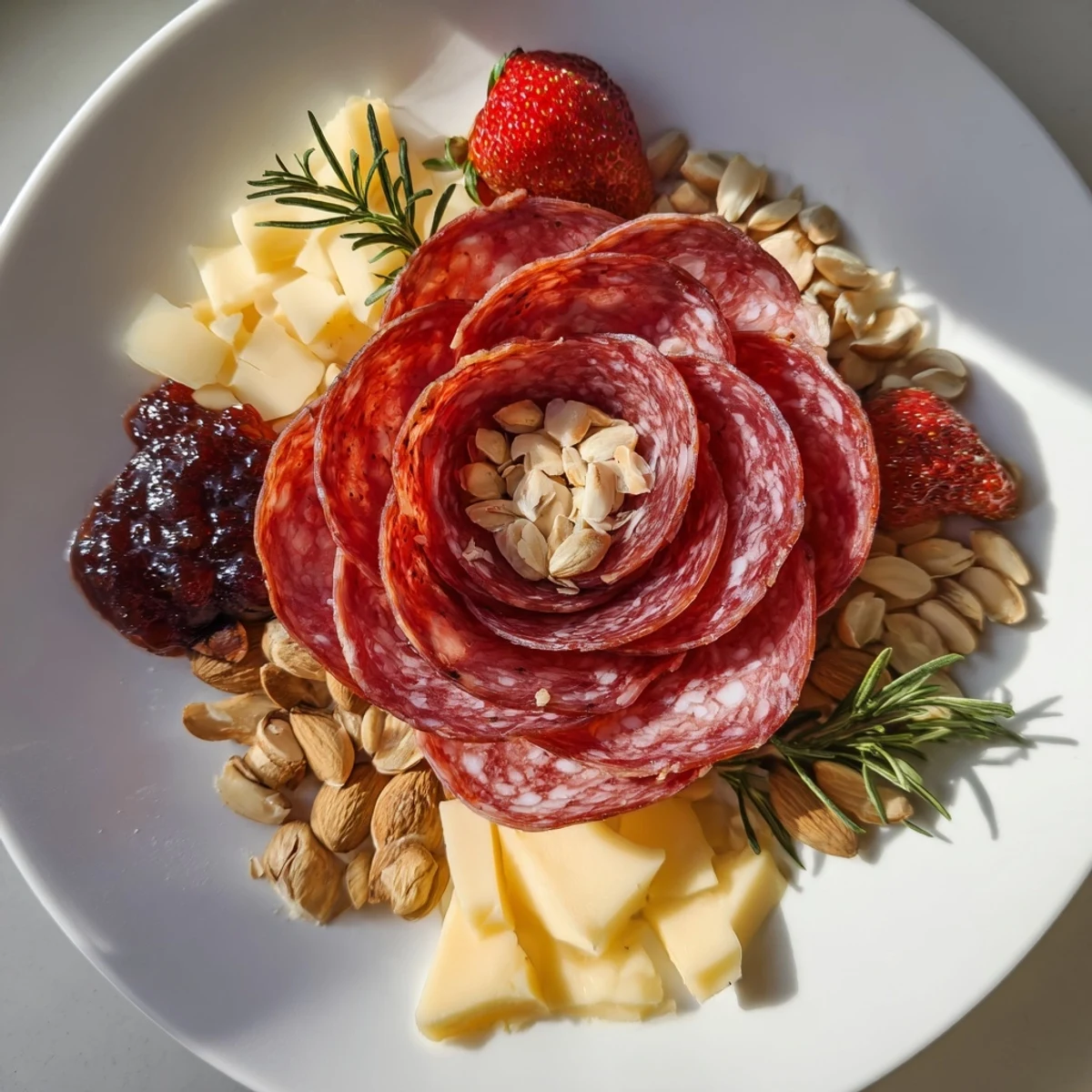 Get inspired by this beautiful Easy Charcuterie arrangement: salami rose, cheese, and fresh fruit are ready to enjoy.
