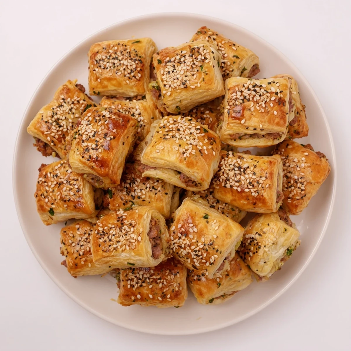 Golden, flaky mini sausage roll wreath, filled with seasoned sausage, ready for gathering.