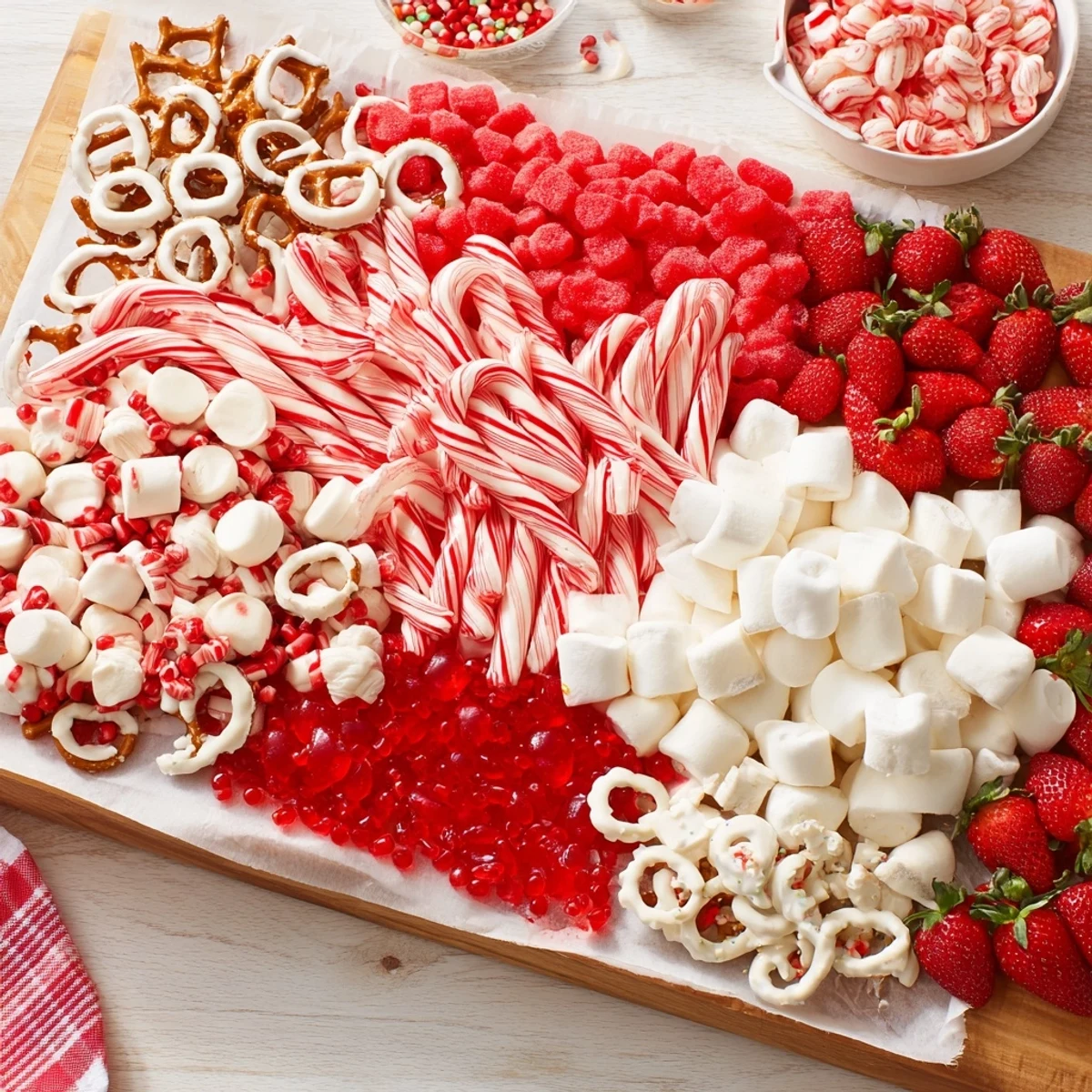 A beautifully arranged Sweet Board, featuring festive red and white candies perfect for sharing, colorful and delicious.