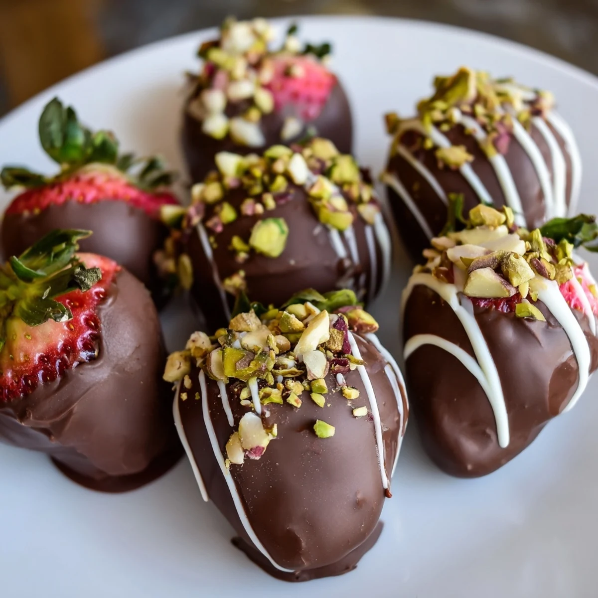 Juicy Dark Chocolate Covered Strawberry Dips, drizzled with white chocolate, ready for serving on a platter.