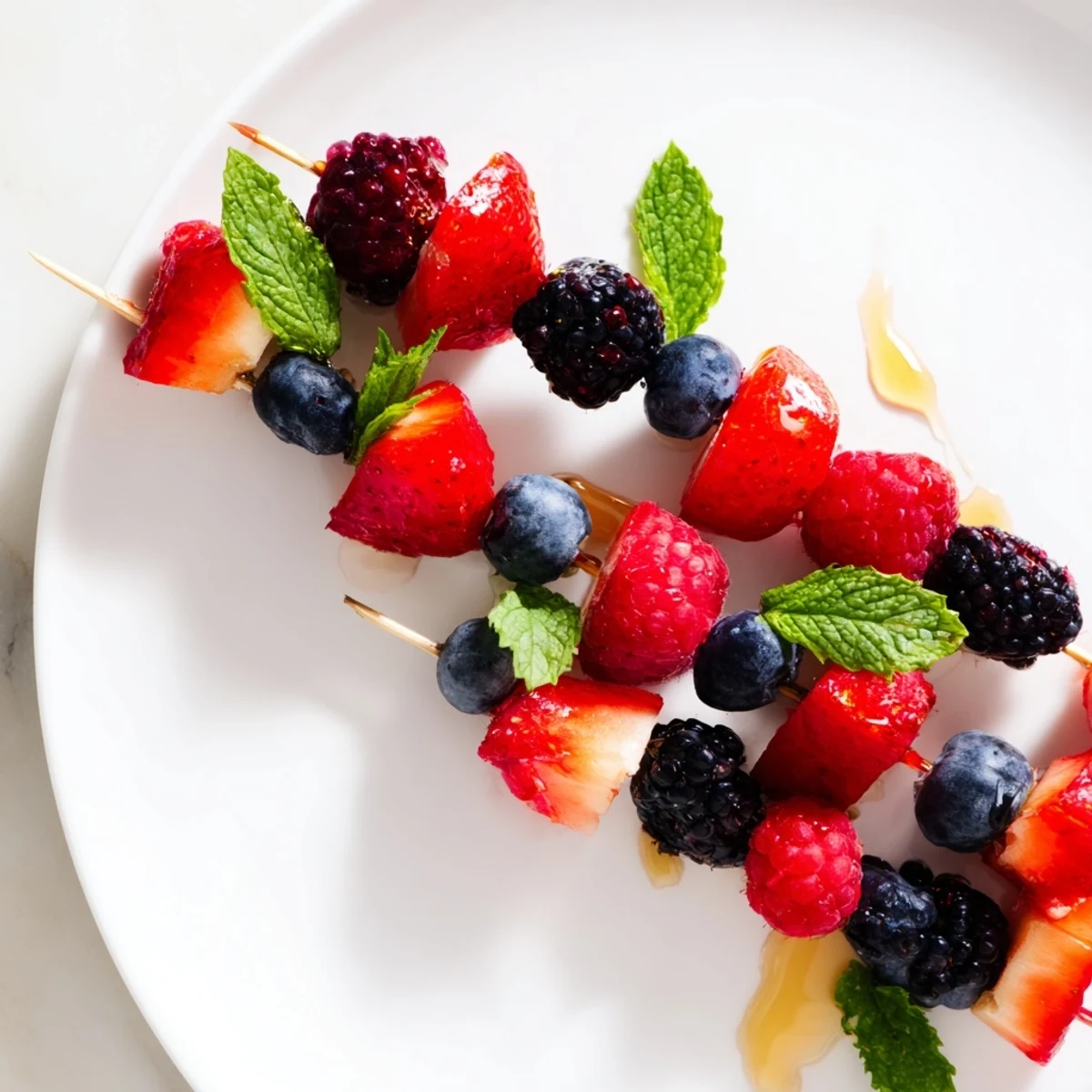 Beautifully arranged berry Fruit Skewers, a mix of red, blue, and black fruits perfect for every party.