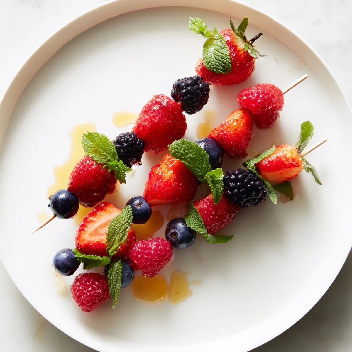Vibrant Fruit Skewers with juicy berries and mint leaves, ready for a refreshing summer snack.