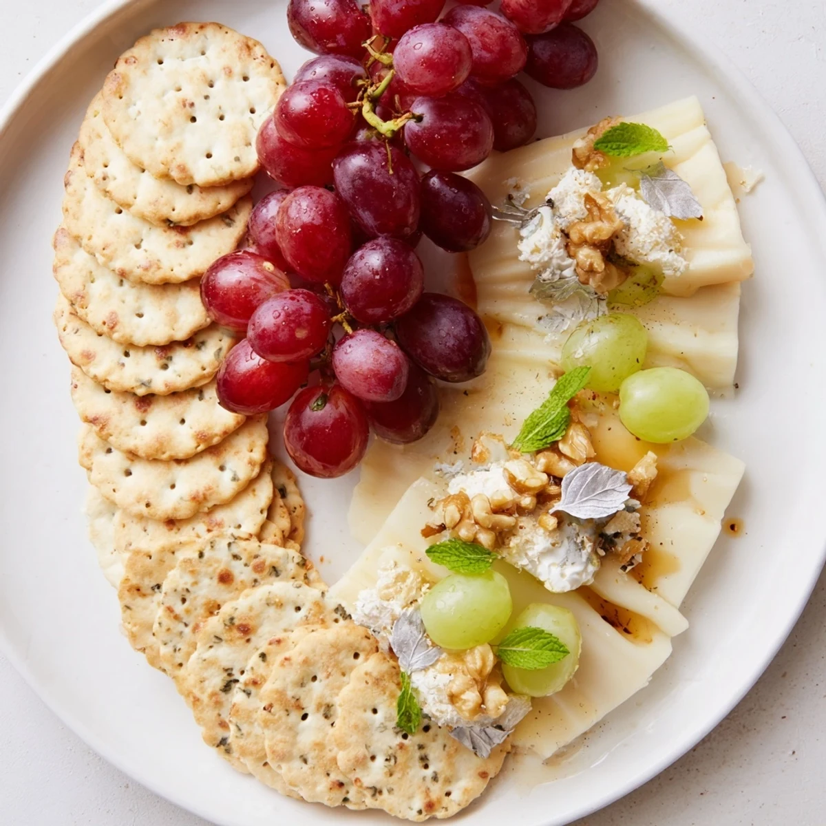 Sparkling Grape and Silver Cracker Platter arranged with colorful grapes, cheeses, honey, and crackers for a tasty appetizer.