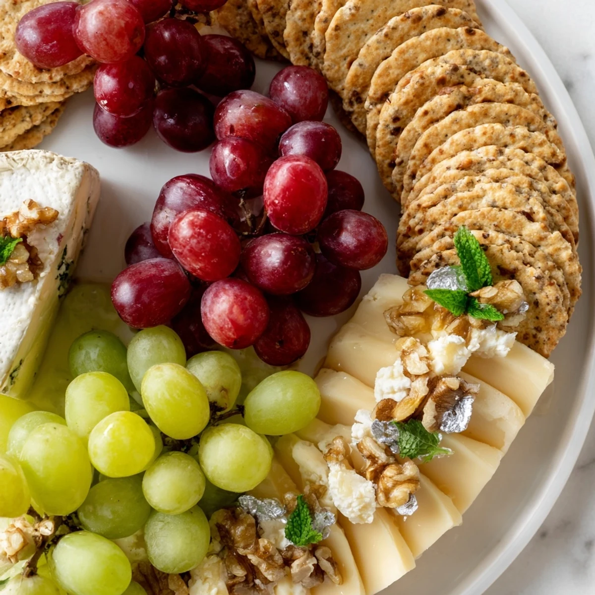 Festive Sparkling Grape and Silver Cracker Platter with silver-dusted crackers, ripe grapes, and an array of cheeses for New Year's.