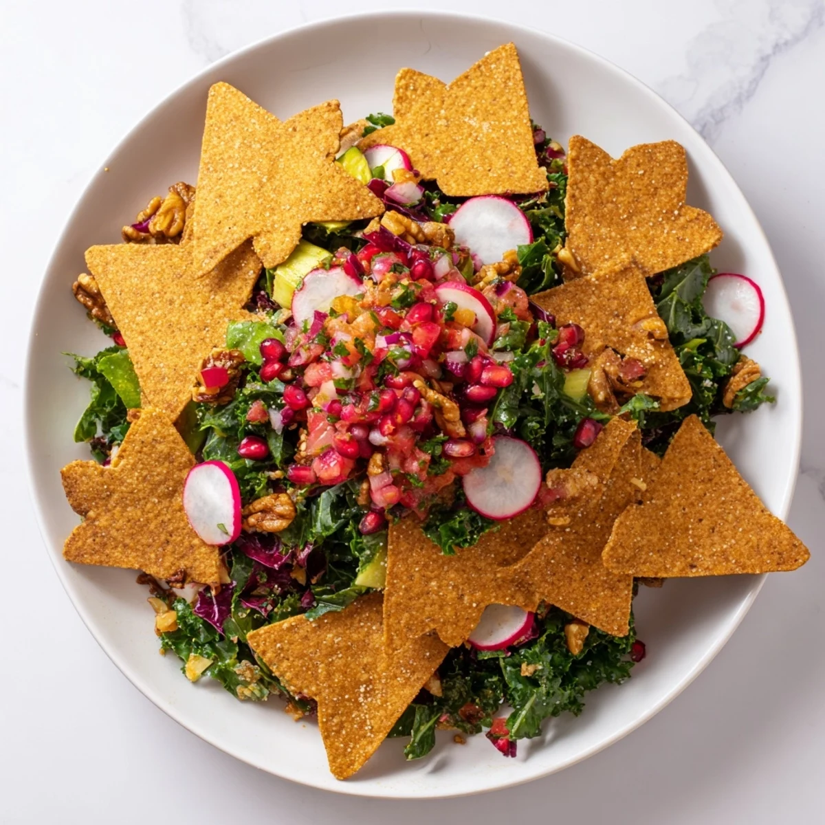 Vibrant Winter Salad with snowflake tortilla chips, featuring a colorful mix of greens and fresh salsa.