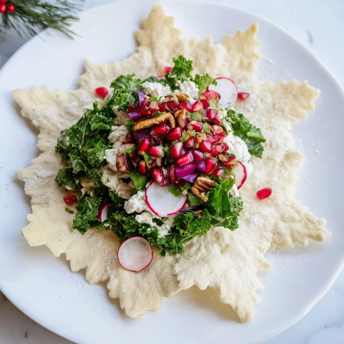 A close-up shot of a beautiful Winter Salad: crunchy snowflake tortilla chips alongside fresh greens and red salsa.