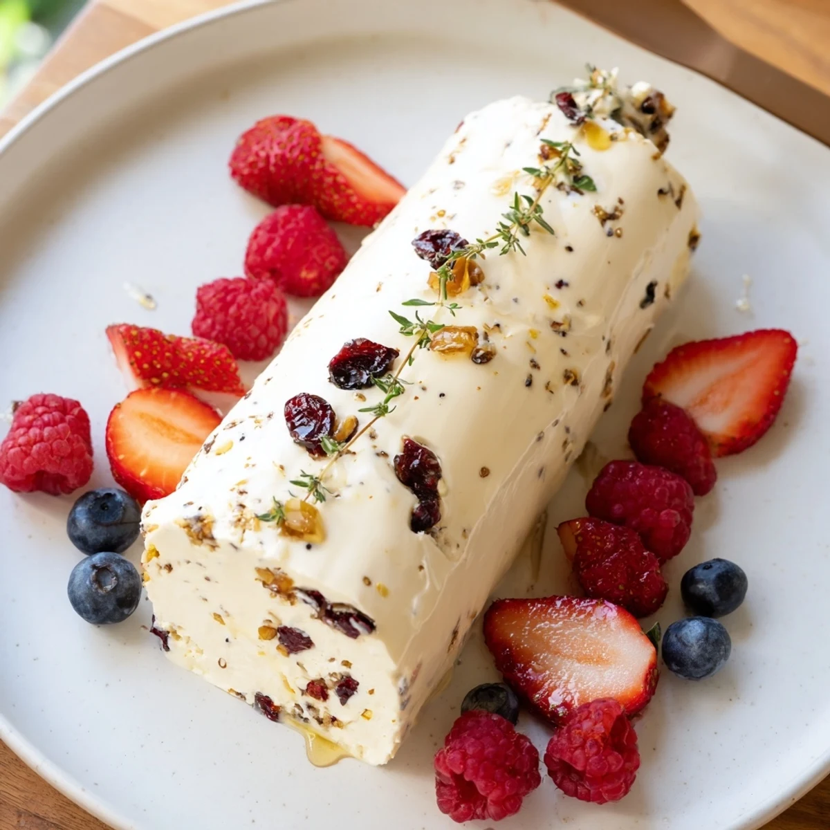 Creamy goat cheese log swirled with cranberries and berries, an elegant appetizer perfect for entertaining.