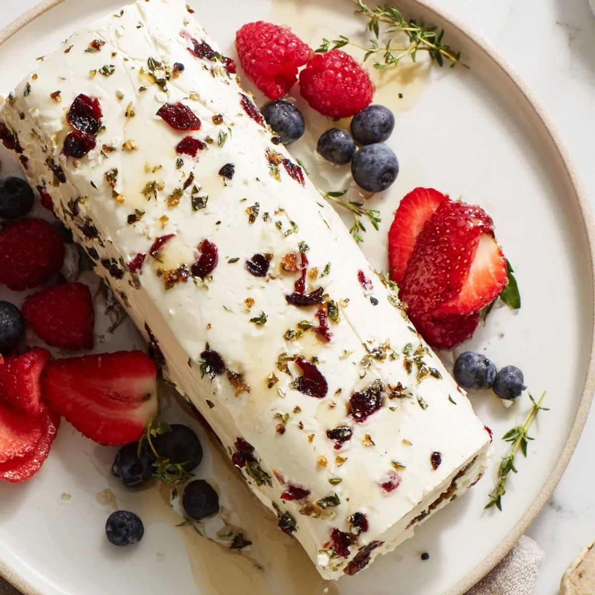 A close-up of a festive cranberry & goat cheese log, garnished beautifully with a colorful berry medley.