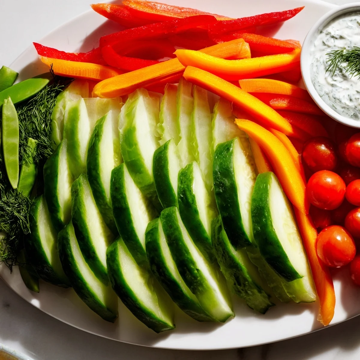 Vibrant Veggie Platter with refreshing cucumber and carrot fan, alongside a creamy herbed yogurt dip.