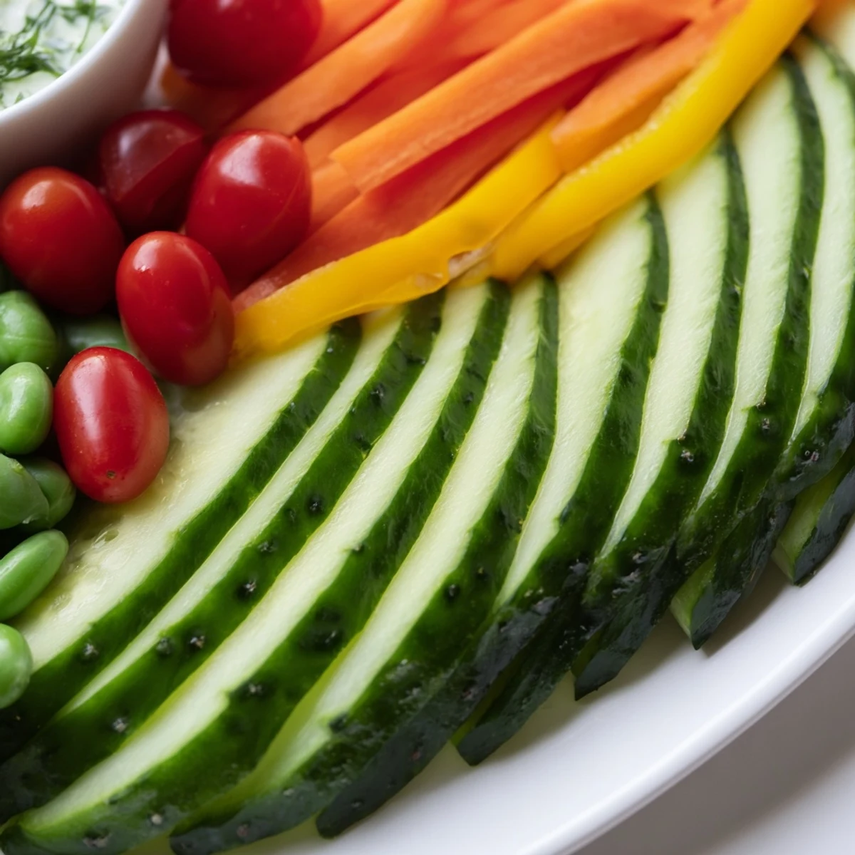 Close-up of a colorful Veggie Platter: artfully arranged cucumbers, carrots, and peppers ready to eat.