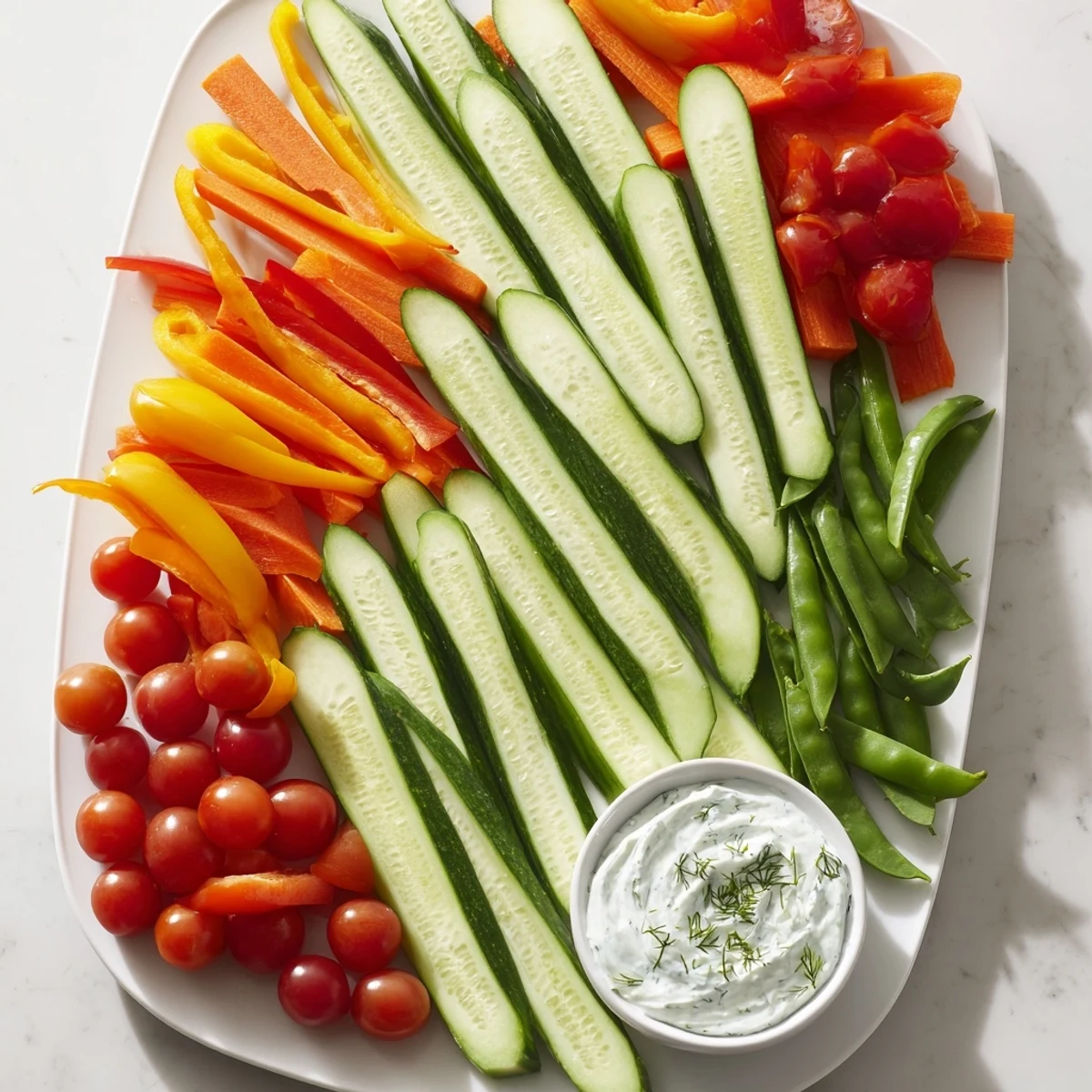 Beautiful fan-shaped Veggie Platter, a healthy appetizer with a delicious yogurt dip for dipping.