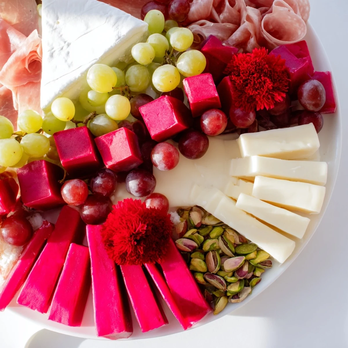 The Nutcracker Suite Board: A colorful, gourmet grazing board with cheese, charcuterie, and fresh fruits.