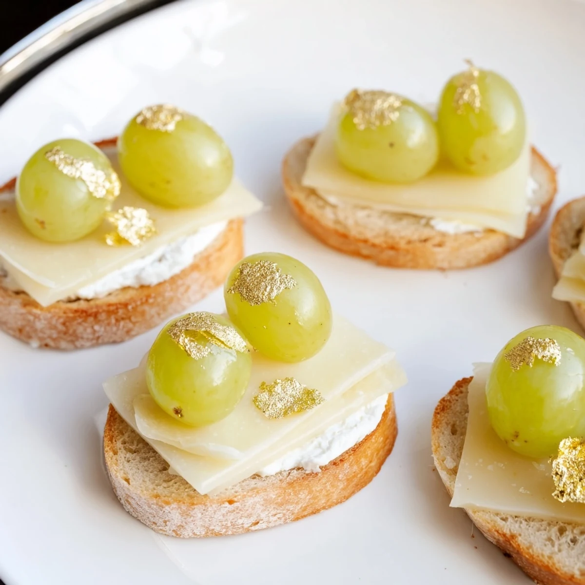 Close-up of sparkling champagne toast, featuring soaked grapes and creamy cheeses, ready to be enjoyed.