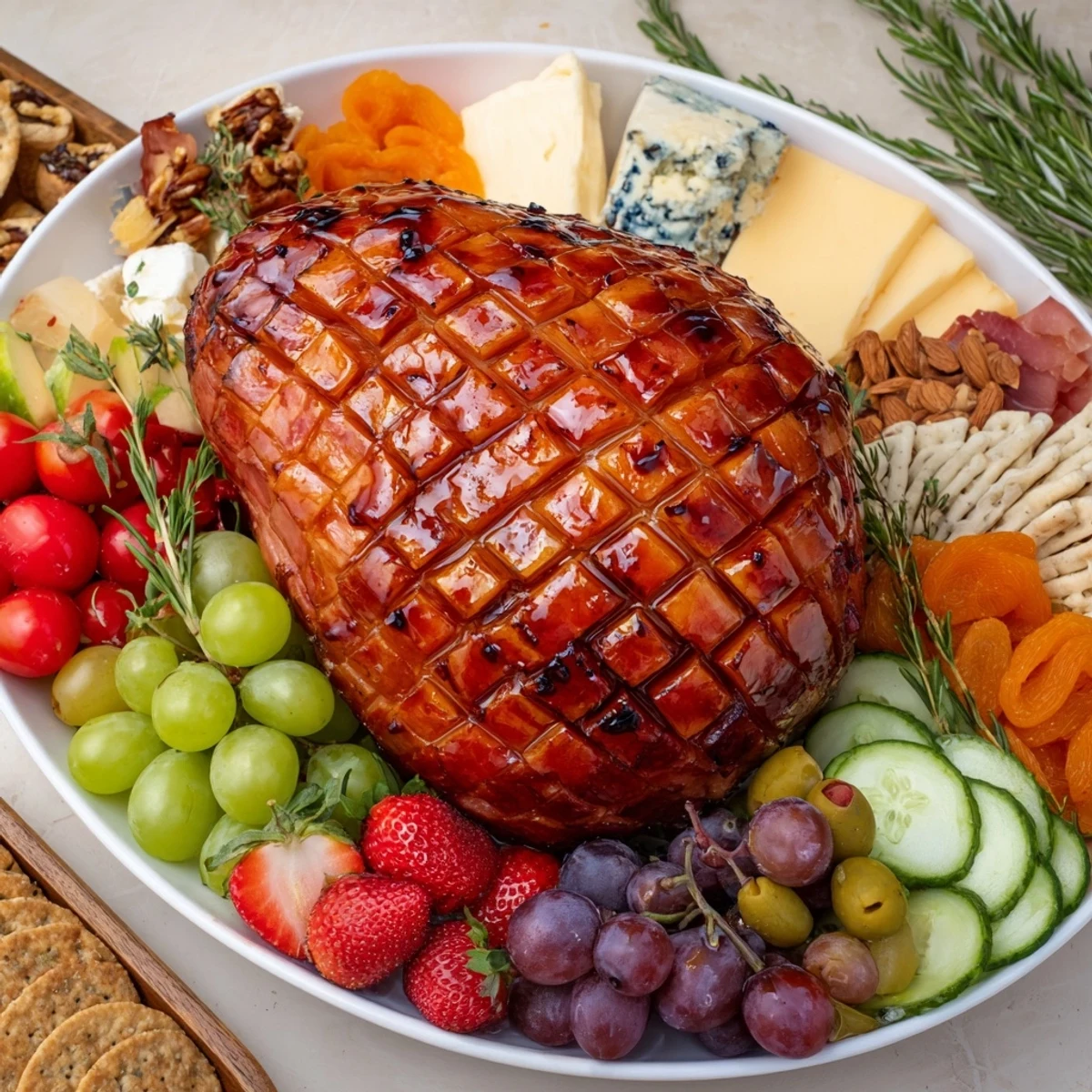 Savory glazed ham centerpiece board, beautifully arranged with cheeses, fruits, and crackers for sharing.