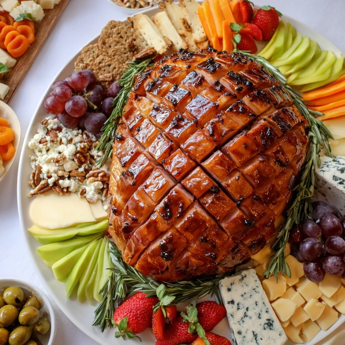Golden, glistening, sliced glazed ham is the star in a flavorful centerpiece board, ready to serve.