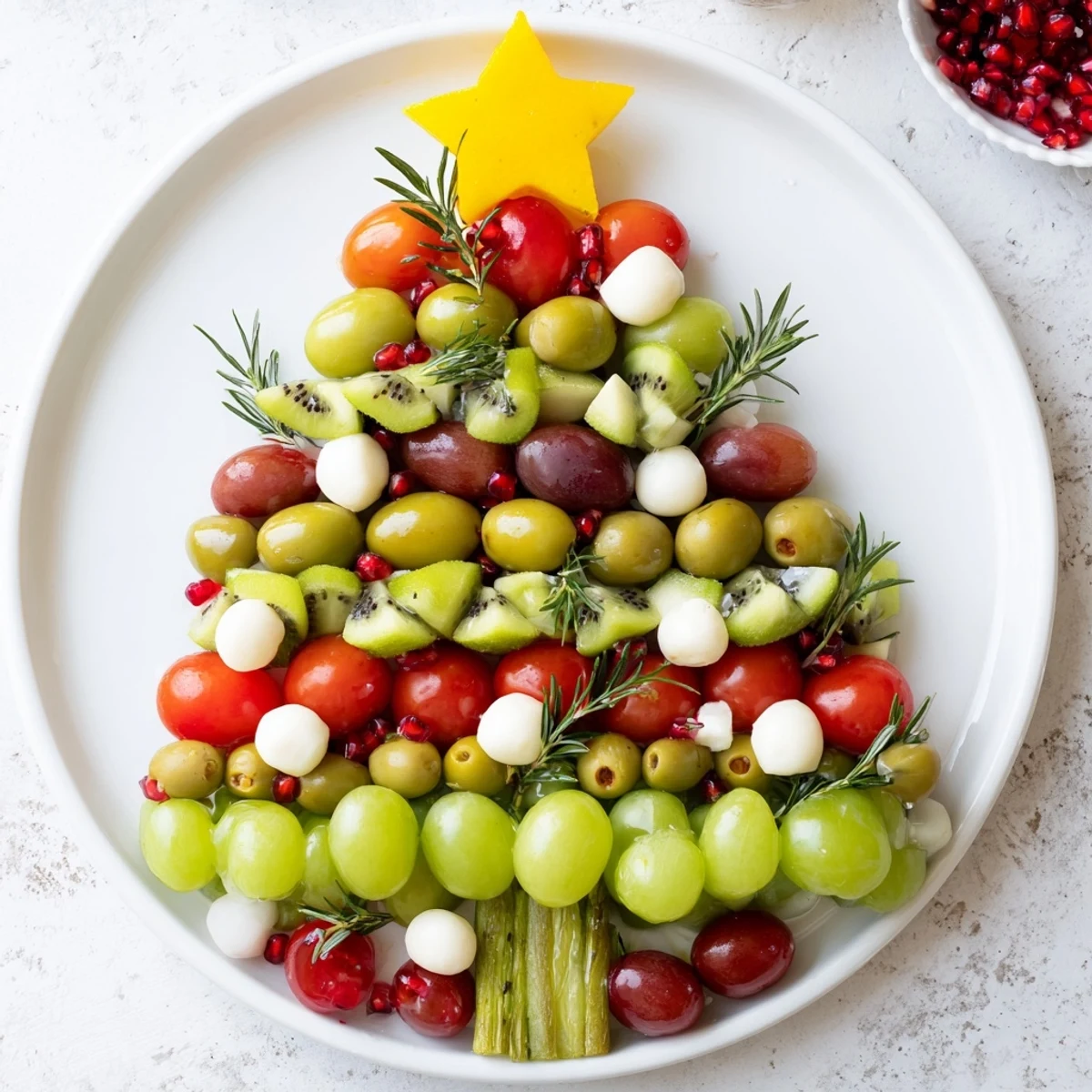 Christmas Tree Triangle Board appetizer, a vibrant display of fresh fruit and cheese, perfect for a holiday party.