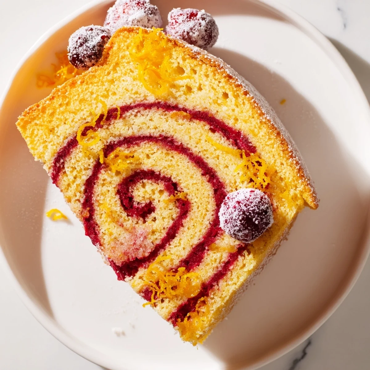 Vibrant Cranberry Orange Swirl cake, swirled with tart cranberries and sweet orange zest; delicious dessert.