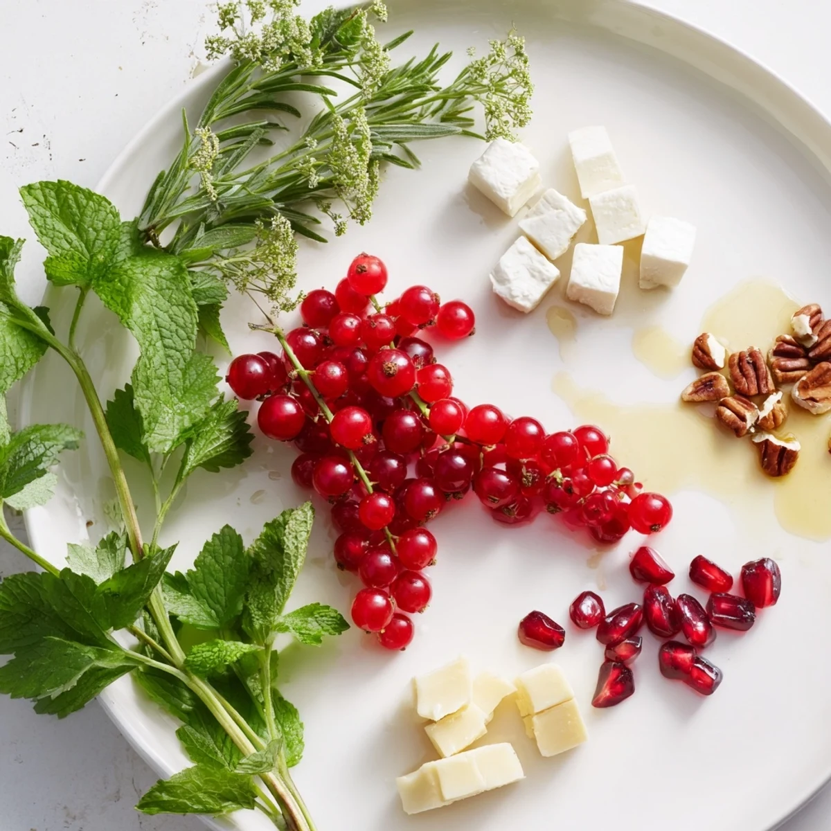A beautiful holiday Holly Berry Cluster appetizer with red berries, goat cheese, and rosemary sprigs to share.