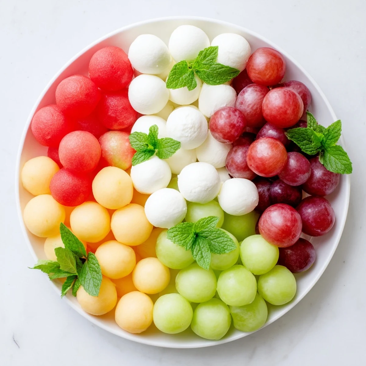 Vibrant polka dot platter filled with melon balls, mozzarella, and grapes, perfect for a party.