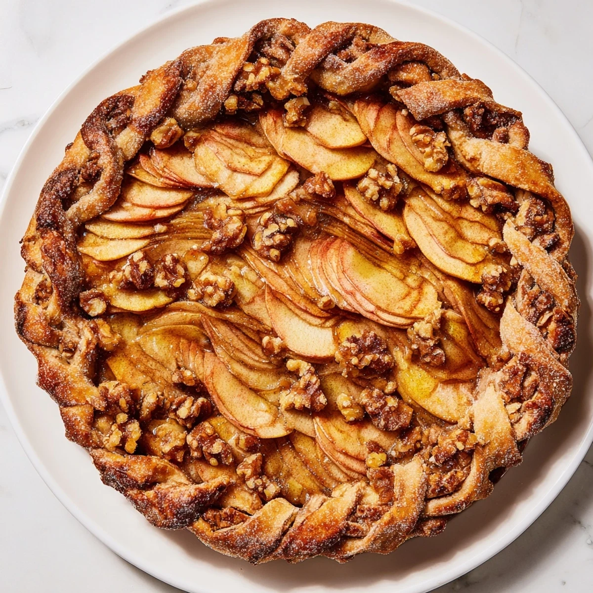 Golden lattice orchard tart, showcasing a beautiful lattice weave of thin, baked apple slices.