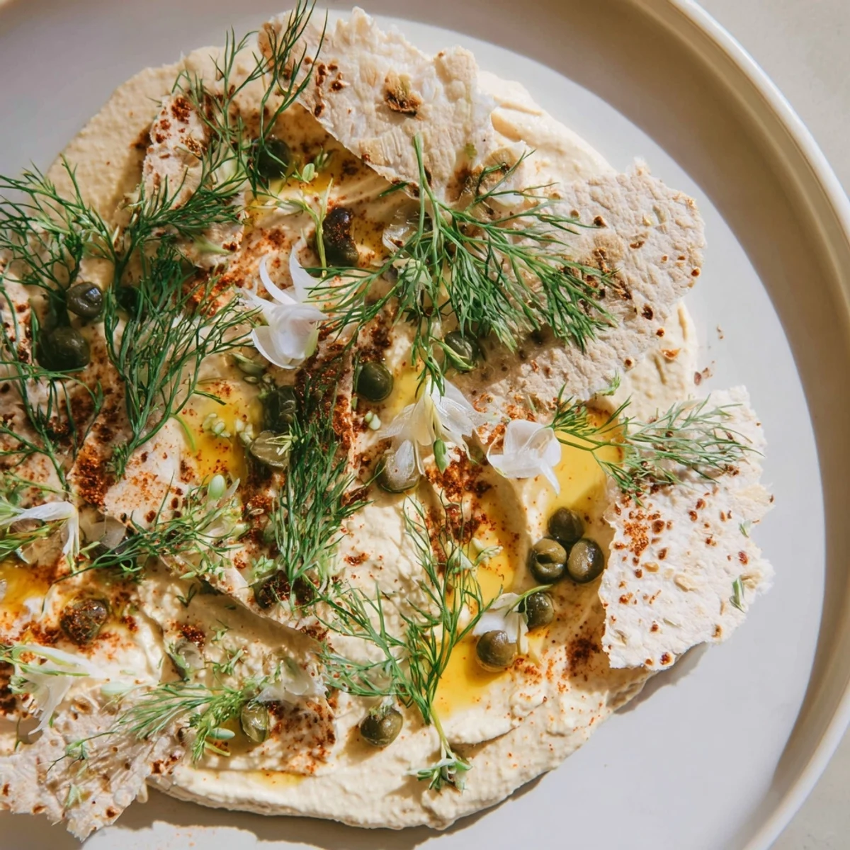 Creamy hummus "shore" with crispy crackers and delicate smoked fish creating The Driftwood Beach.