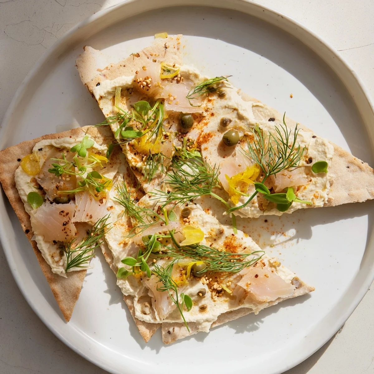Beautifully arranged The Driftwood Beach appetizer; smoked fish, hummus & crackers garnished with dill.
