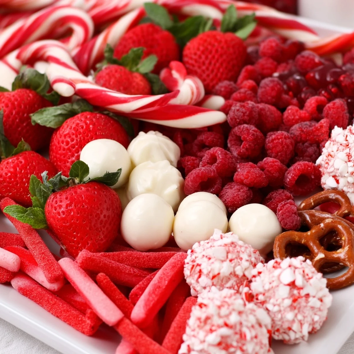 Festive Candy Cane Striped Platter with bright reds and whites, perfect for holiday dessert sharing.