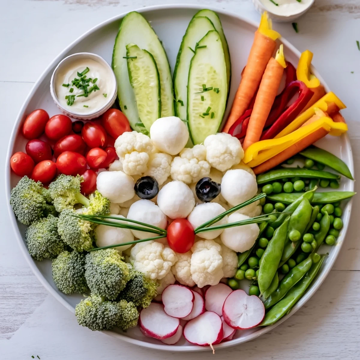 Vibrant Easter Bunny Spring Platter: a whimsical arrangement of fresh vegetables, dips, and treats perfect for springtime.
