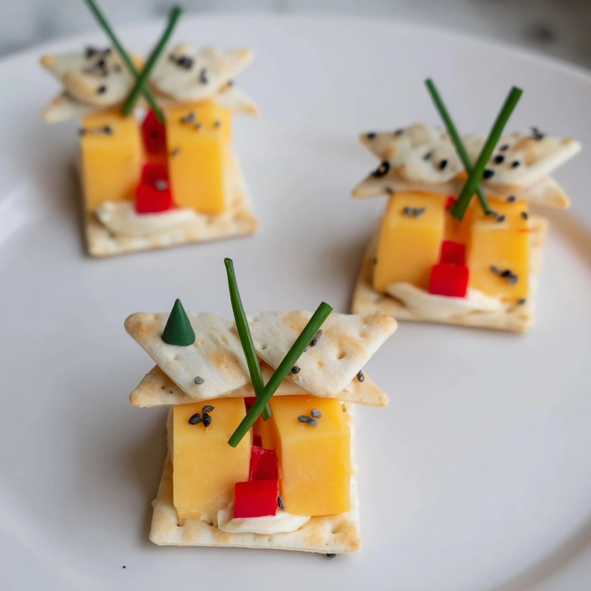 Tiny, adorable Alpine Village appetizer with cheese houses and almond roofs, ready for a party.