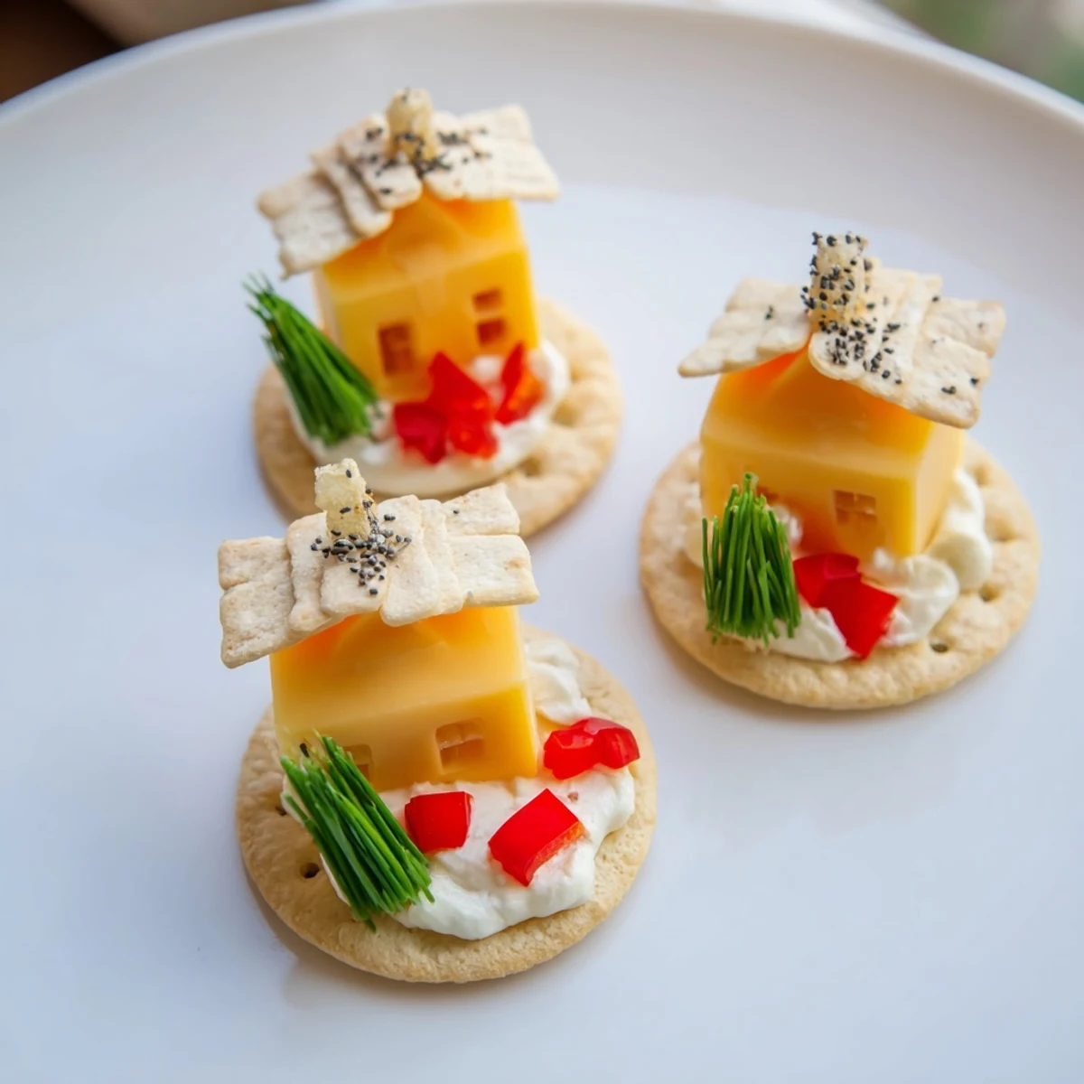 A festive platter of The Alpine Village: miniature cheese houses on snowy crackers, ready to eat.