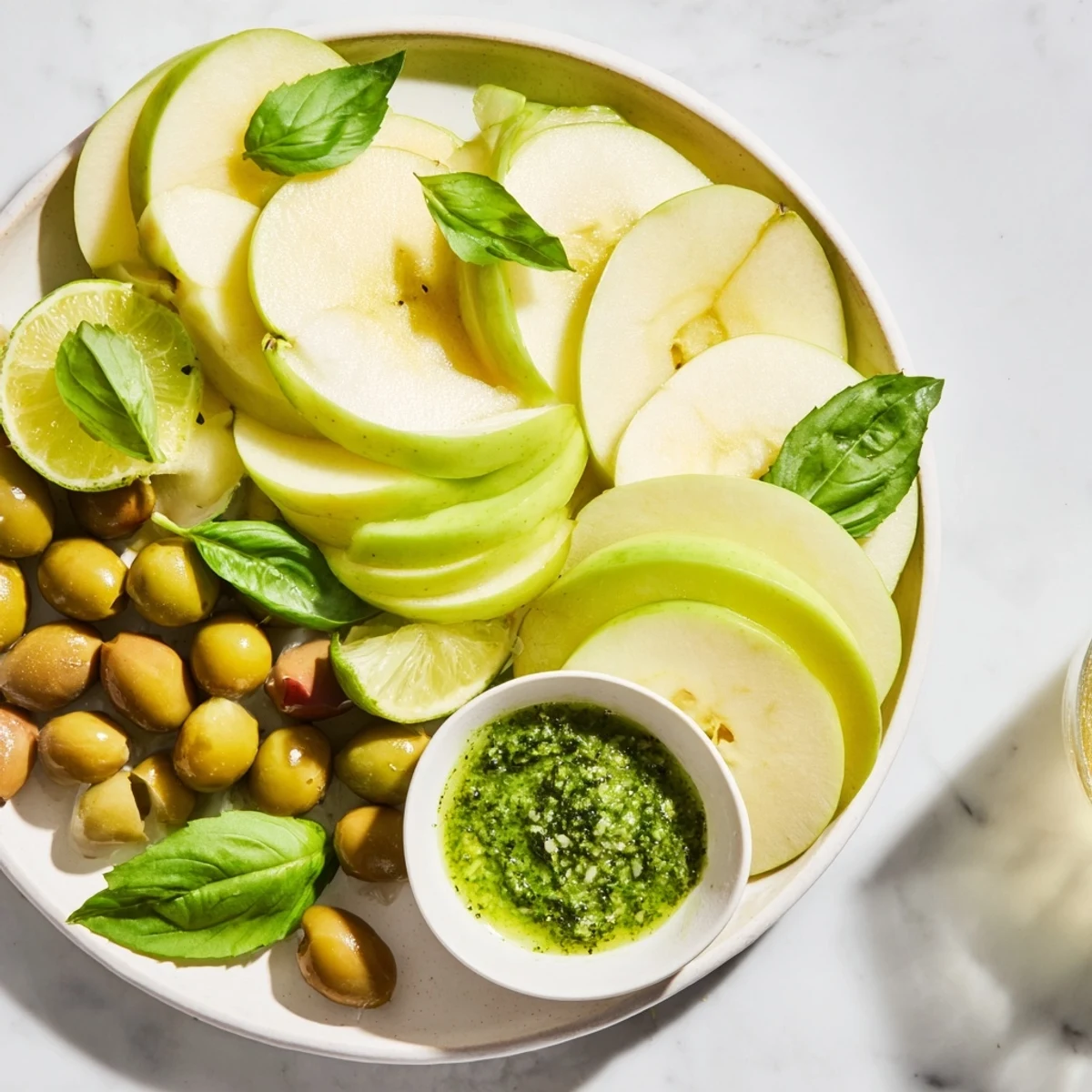 The Emerald City snack board: Green apples, pesto, and olives create a party-ready, vibrant appetizer.