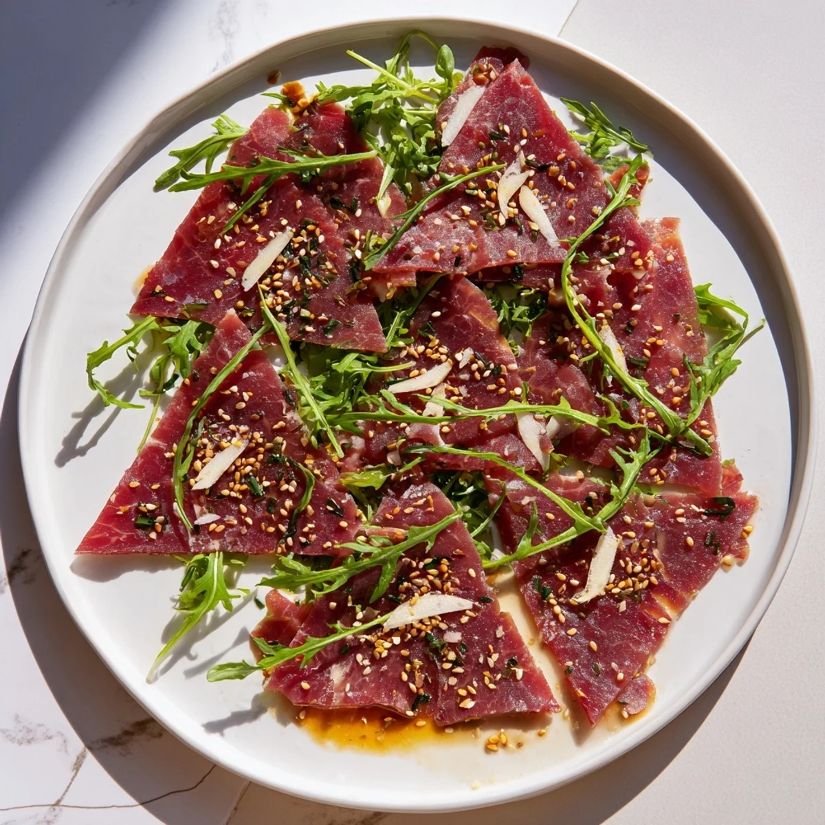 Delicate Origami Fold Beef Appetizer, artfully arranged on a bed of fresh arugula, awaiting your enjoyment.