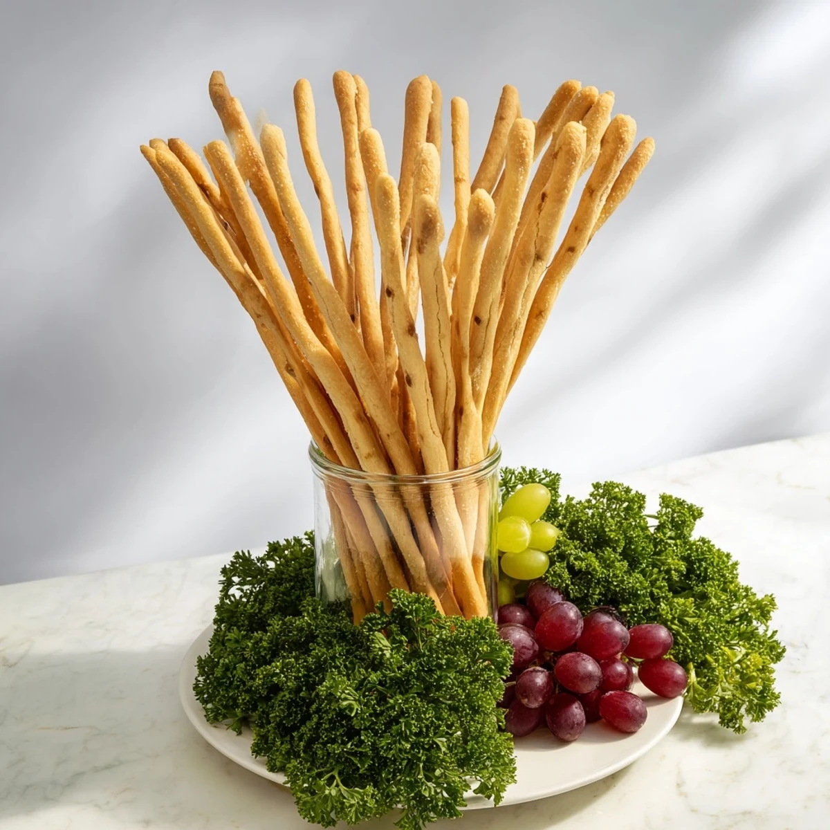 The Vertical Forest appetizer: crisp breadsticks stand tall amidst parsley bushes and grape clusters.
